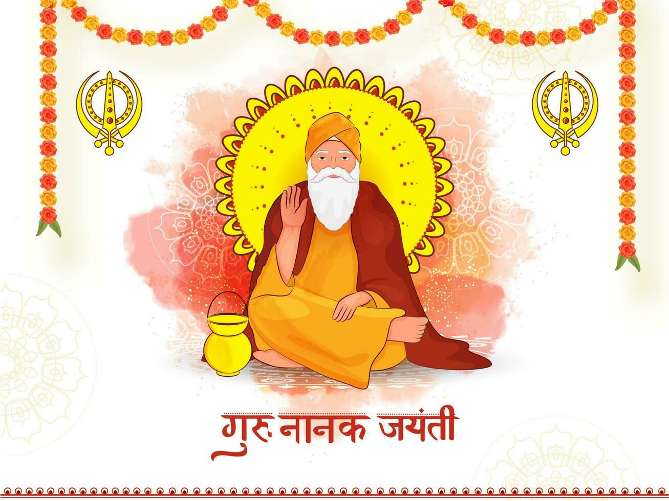 gurú nanak Jayanti texto escrito en hindi idioma con personaje de gurú nanak dev Ji y floral guirnalda en acuarela efecto blanco antecedentes. vector