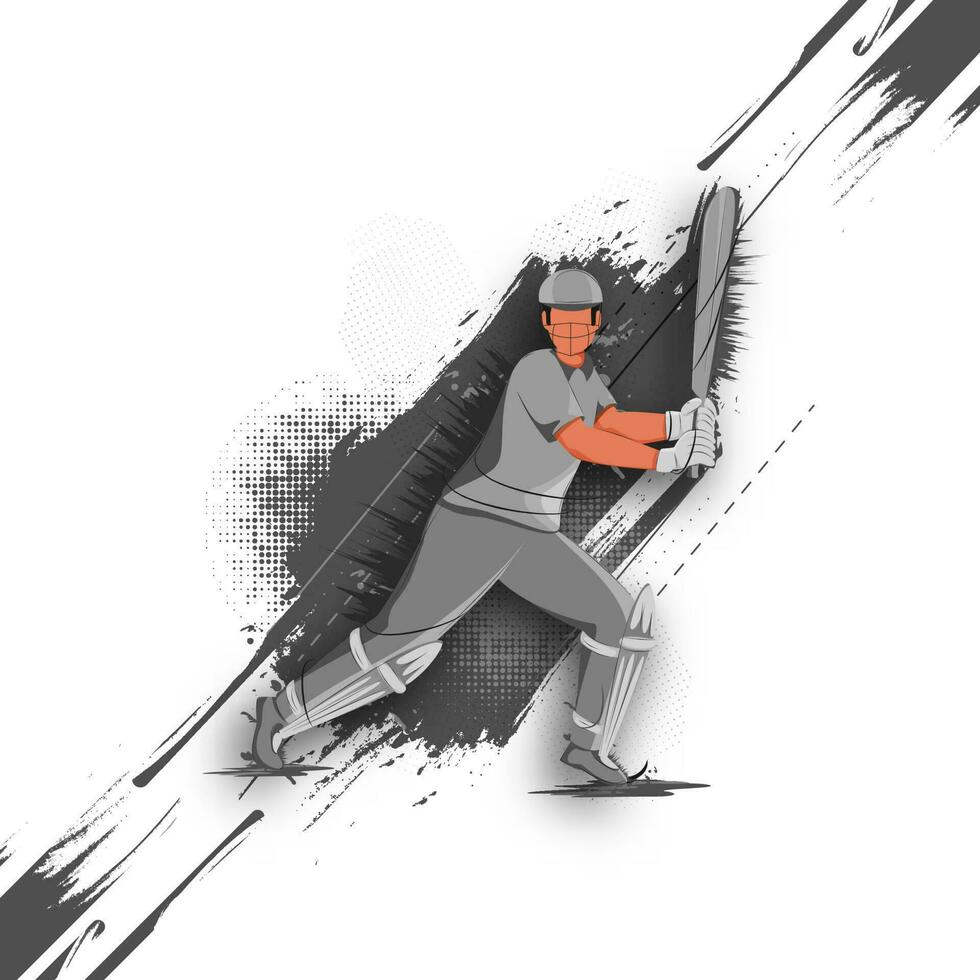 Faceless Batsman Player In Playing Pose And Black Brush Halftone Effect On White Background. vector