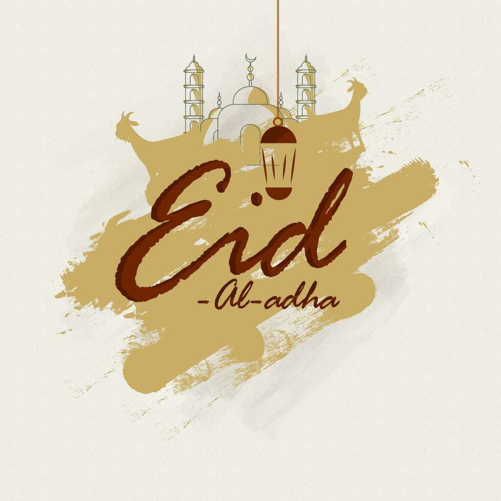 Eid-Al-Adha Font With Brush Stroke Effect Goats And Mosque Illustration On White Background. vector