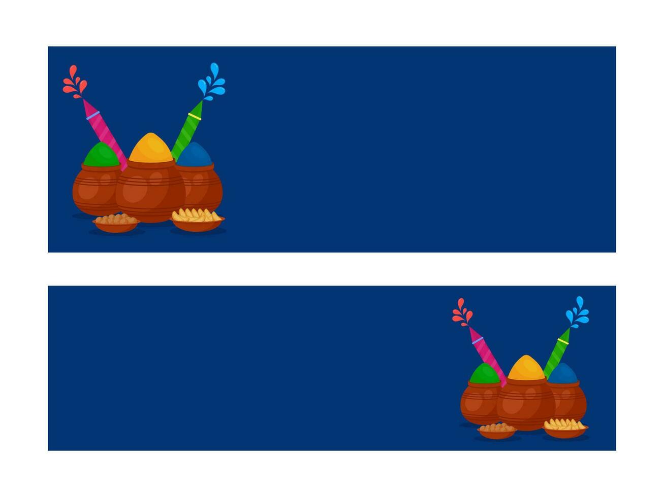 Blue Header Or Banner Design With Mud Pots Full Of Powder, Color Guns And Indian Sweets In Two Options. vector