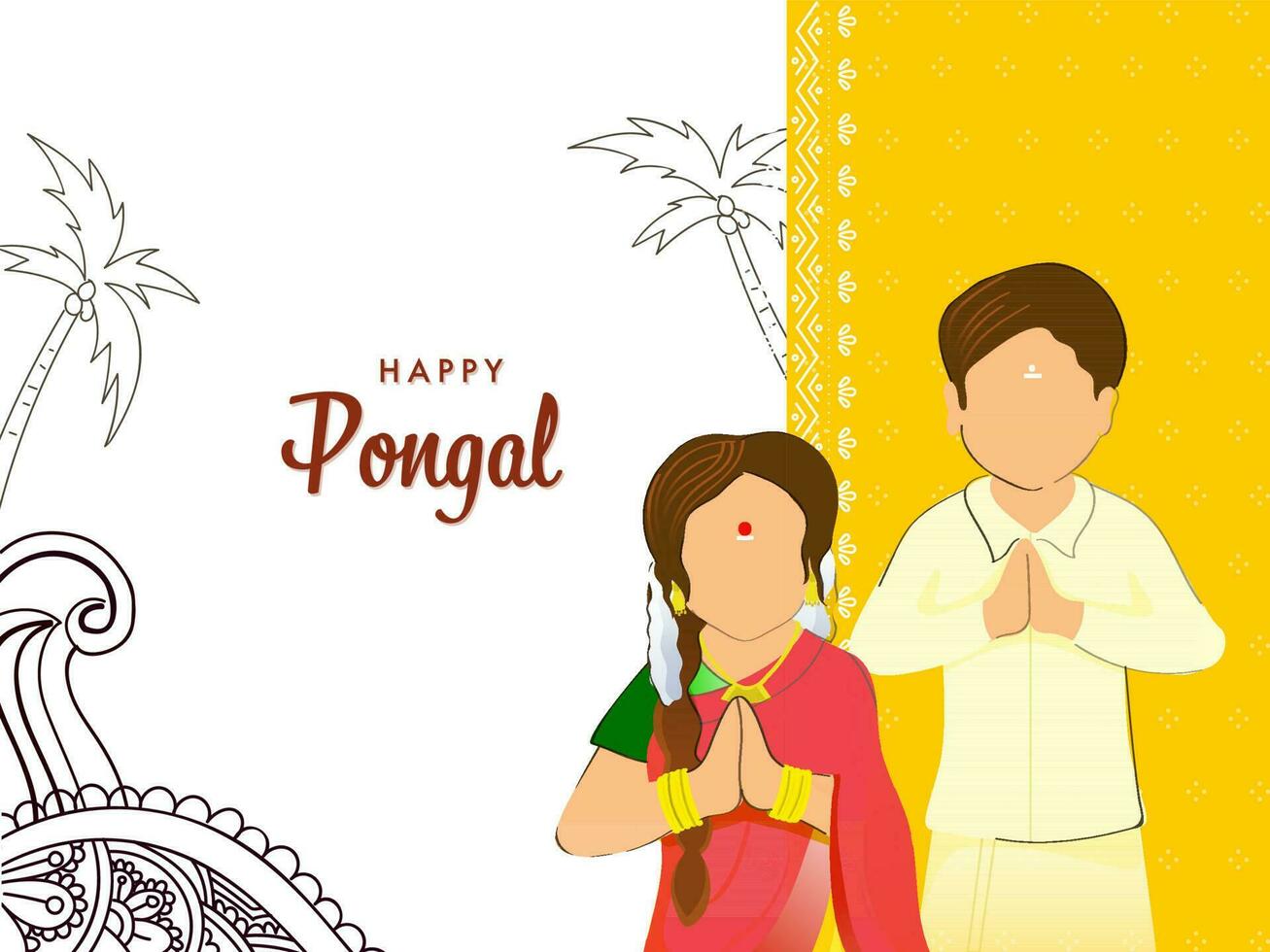 Faceless South Indian Couple Giving Greets On Yellow And White Floral Backgroud For Happy Pongal Festival. vector