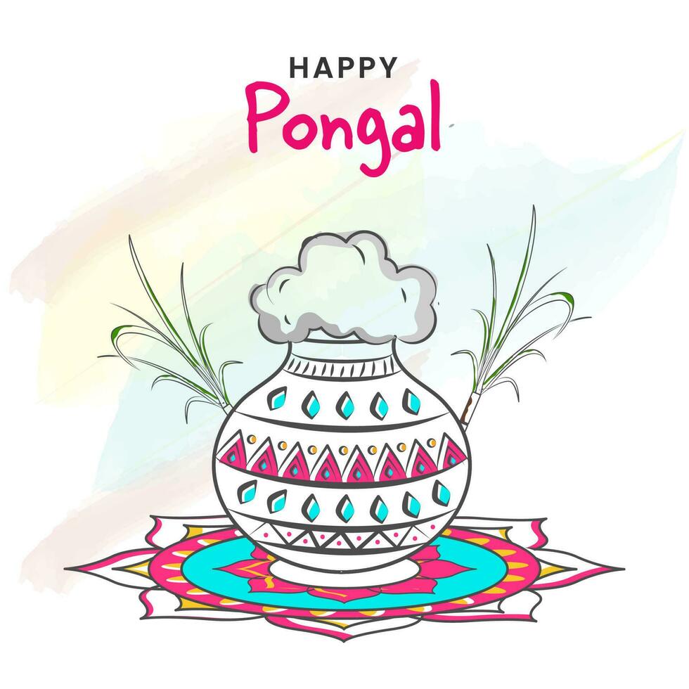 Happy Pongal Celebration Concept With Doodle Style Mud Pot Full Of Traditional Dish, Sugarcane Over Rangoli On Brush Effect White Background. vector