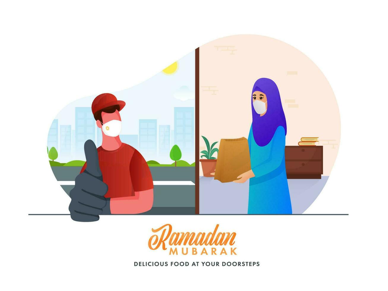 Delicious Food At Your Doorstep On The Occasion Of Ramadan Mubarak, Stay At Home To Prevent From Covid-19. vector