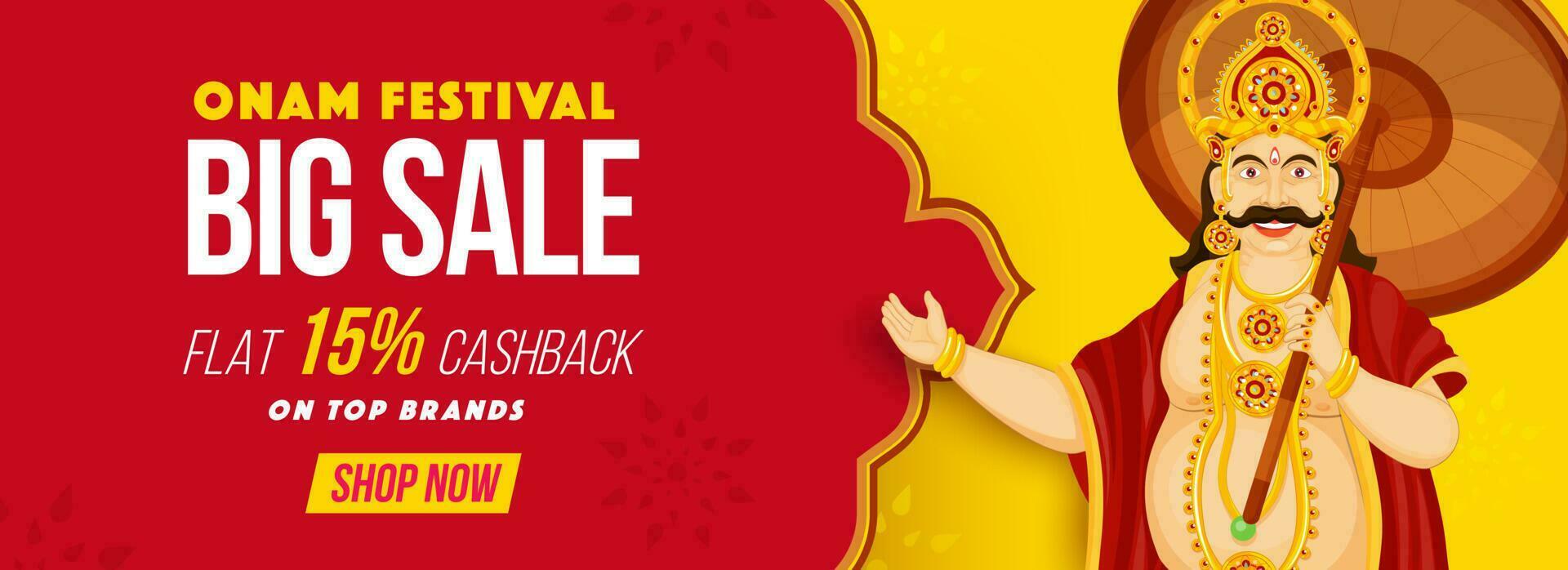 Onam Festival Big Sale Banner Or Header Design With Cheerful King Mahabali On Red And Yellow Background. vector