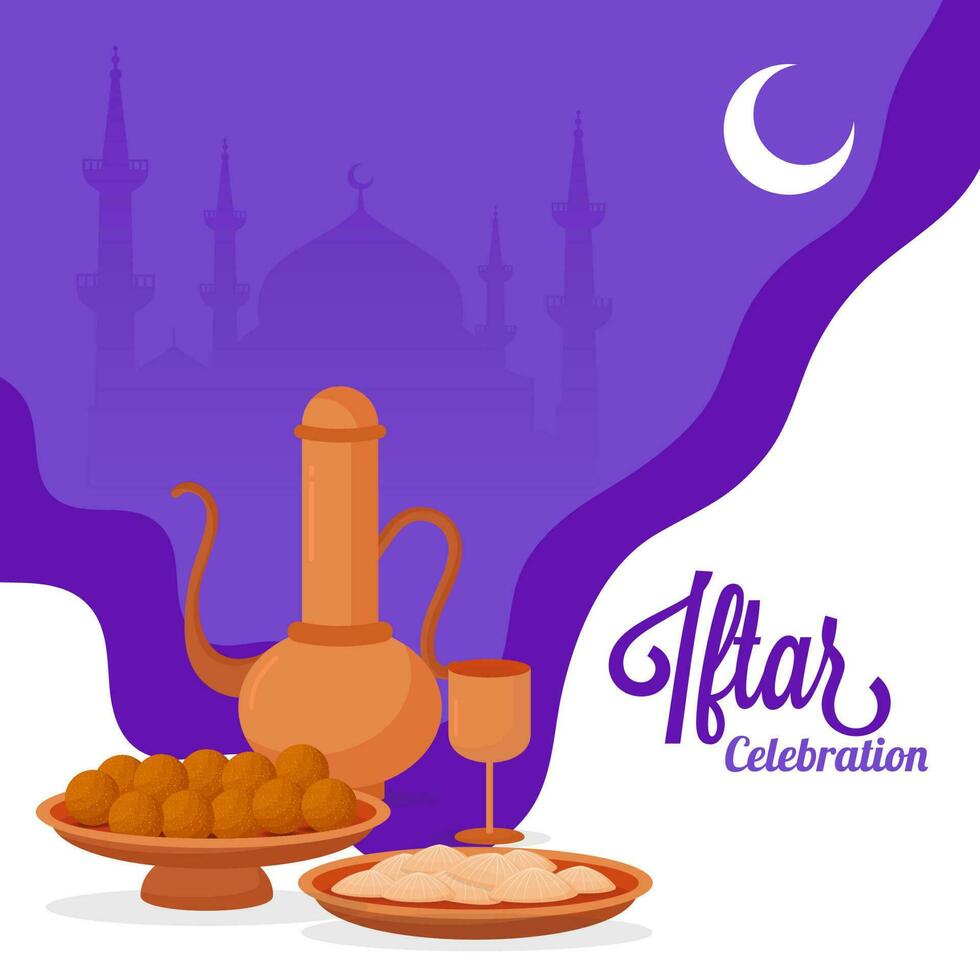 Iftar Celebration Poster Design With Arabic Jar, Glass, Sweets, Crescent Moon On White And Purple Silhouette Mosque Background. vector