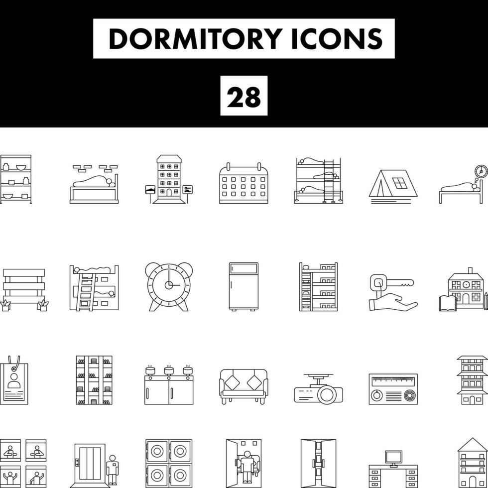 Black Line Art Set of Dormitory Icon In Flat Style. vector