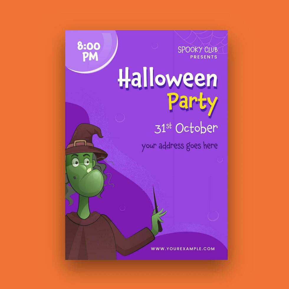 Halloween Party Invitation Card With Cartoon Witch And Event Details In Purple Color. vector