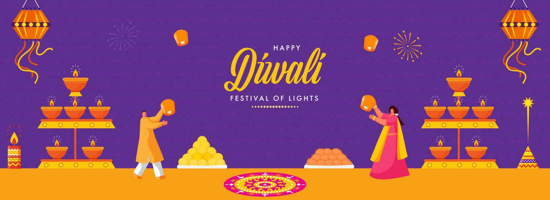 Happy Diwali Celebration Background With Lit Oil Lamps Stand, Indian Sweet And People Holding Sky Lanterns. vector
