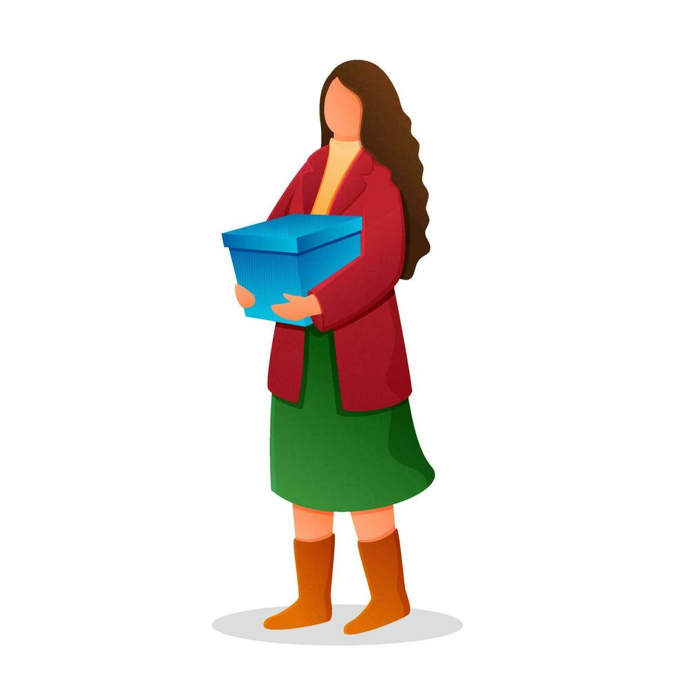 Faceless Young Woman Wearing Woolen Clothes With Gift Box In Standing Pose. vector