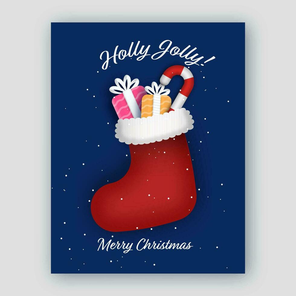 Holly Jolly Merry Christmas Concept With Gift Boxes, Candy Cane Inside 3D Santa Sock On Blue Snowfall Background. vector