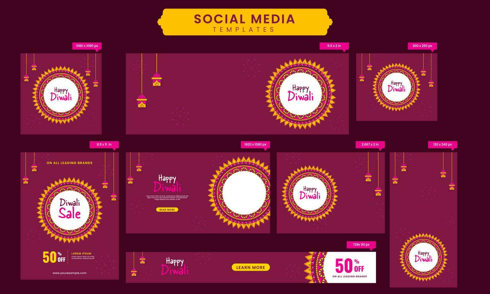 contento diwali social medios de comunicación bandera o encabezamiento, modelo y publicaciones en rosado color. vector