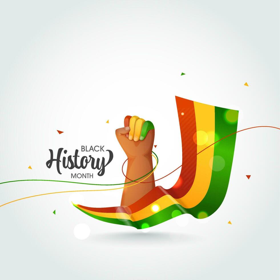 Black History Month Concept With Hand Fist Up And Bokeh Effect Tricolor Ribbon On White Background. vector