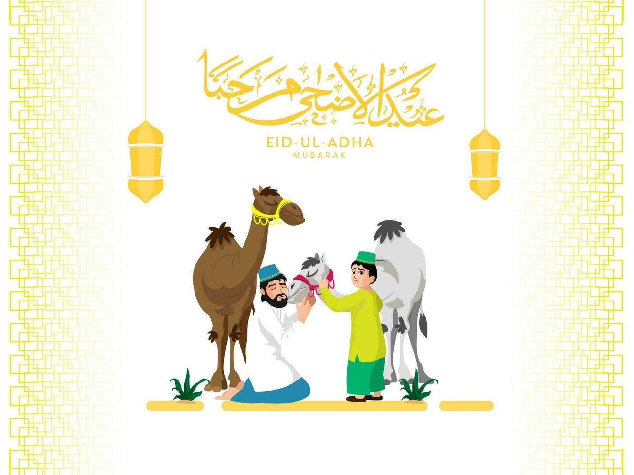 Eid al-Adha Mubarak caligrafía en Arábica idioma con musulmán hombre y su hijo acariciando camellos en blanco antecedentes. vector