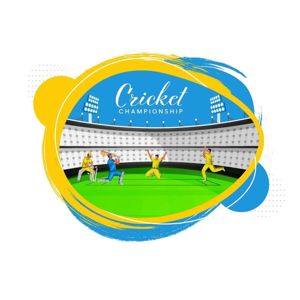 Grillo campeonato concepto con jugador de cricket jugadores en acción actitud y amarillo y azul cepillo estadio ver en blanco antecedentes. vector