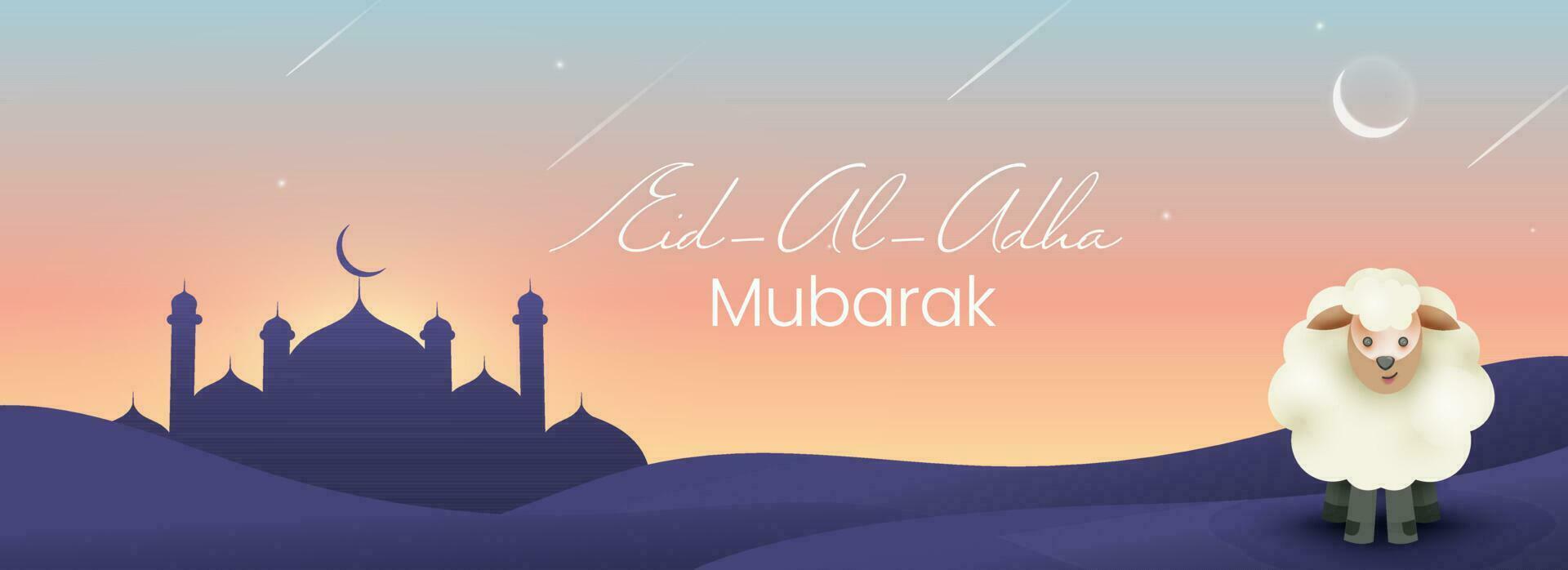 Eid-Al-Adha Mubarak Header Or Banner Design With Cartoon Sheep, Purple Mosque On Peach Background. vector
