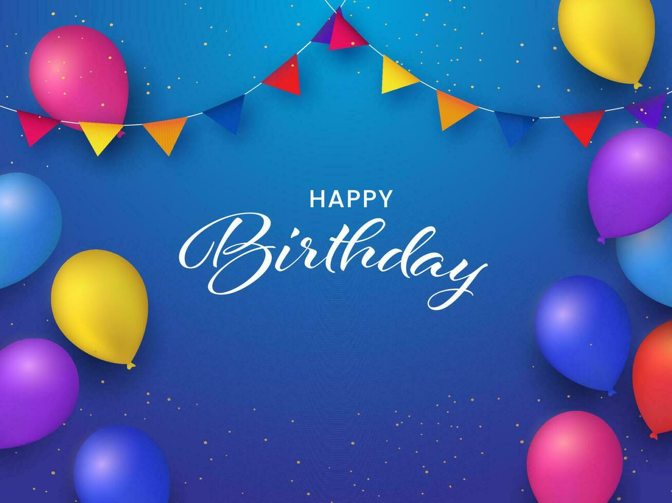 Happy Birthday Font With Realistic Colorful Balloons And Bunting Flags Decorated Blue Background. vector