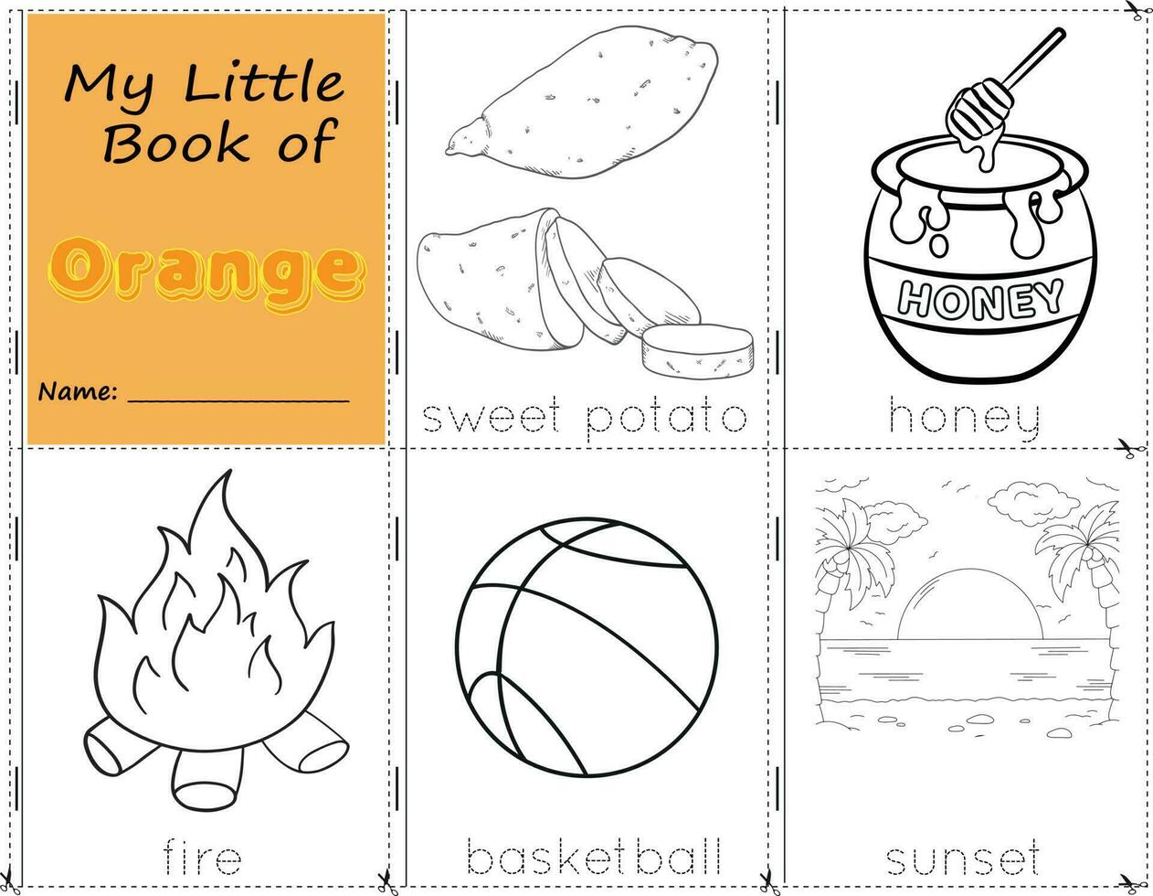 mi pequeño libro de naranja color objetos naranja a pintar ellos como ellos son en real vida. educación hoja de cálculo para niños. dulce papa, Miel, fuego, baloncesto, y puesta de sol vector