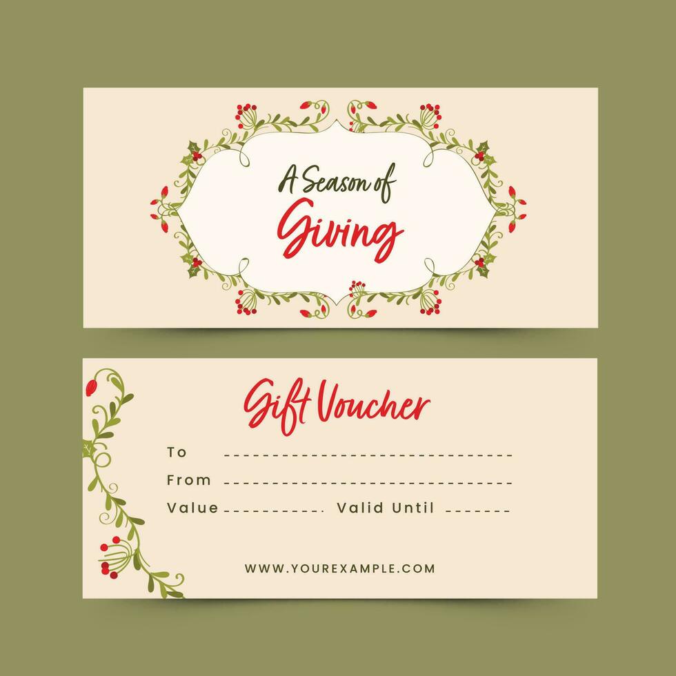 Seasonal Gift Voucher Design Decorated With Berry Branches In Front And Back View. vector