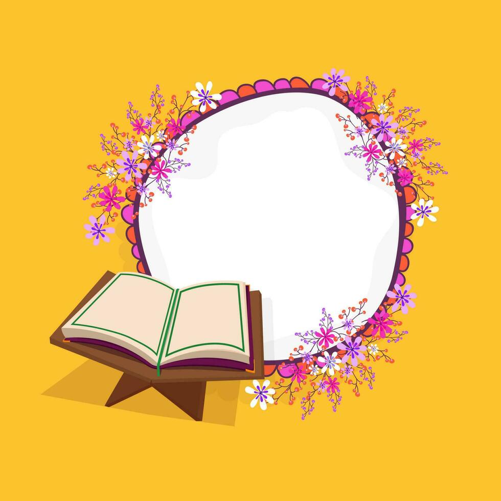 Beautiful Floral Decorated Round Frame With Copy Space And Open Holy Quran Book At Rehal On Orange Background For Islamic Festival. vector
