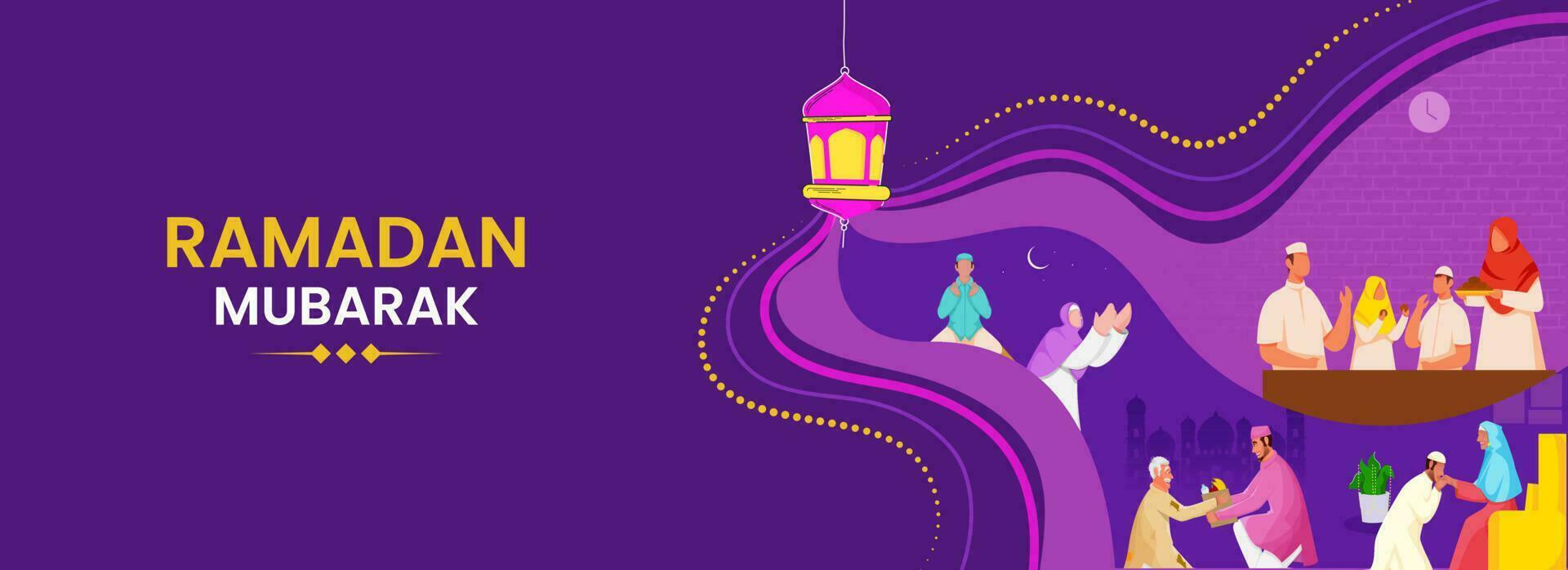 Ramadan Mubarak Banner Or Header Design With Islamic People Celebrating Together On Purple Background. vector