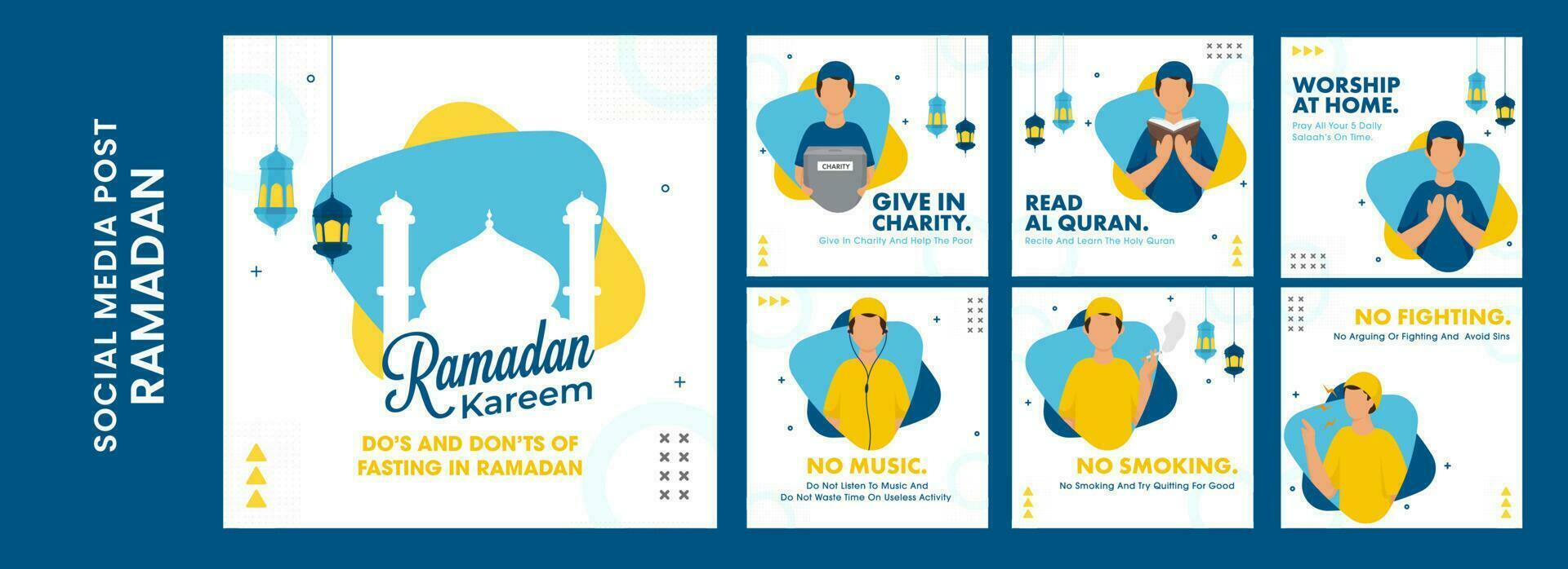 Essential Dos And Donts For Ramadan Fasting Based Social Media Post Set On Blue Background. vector
