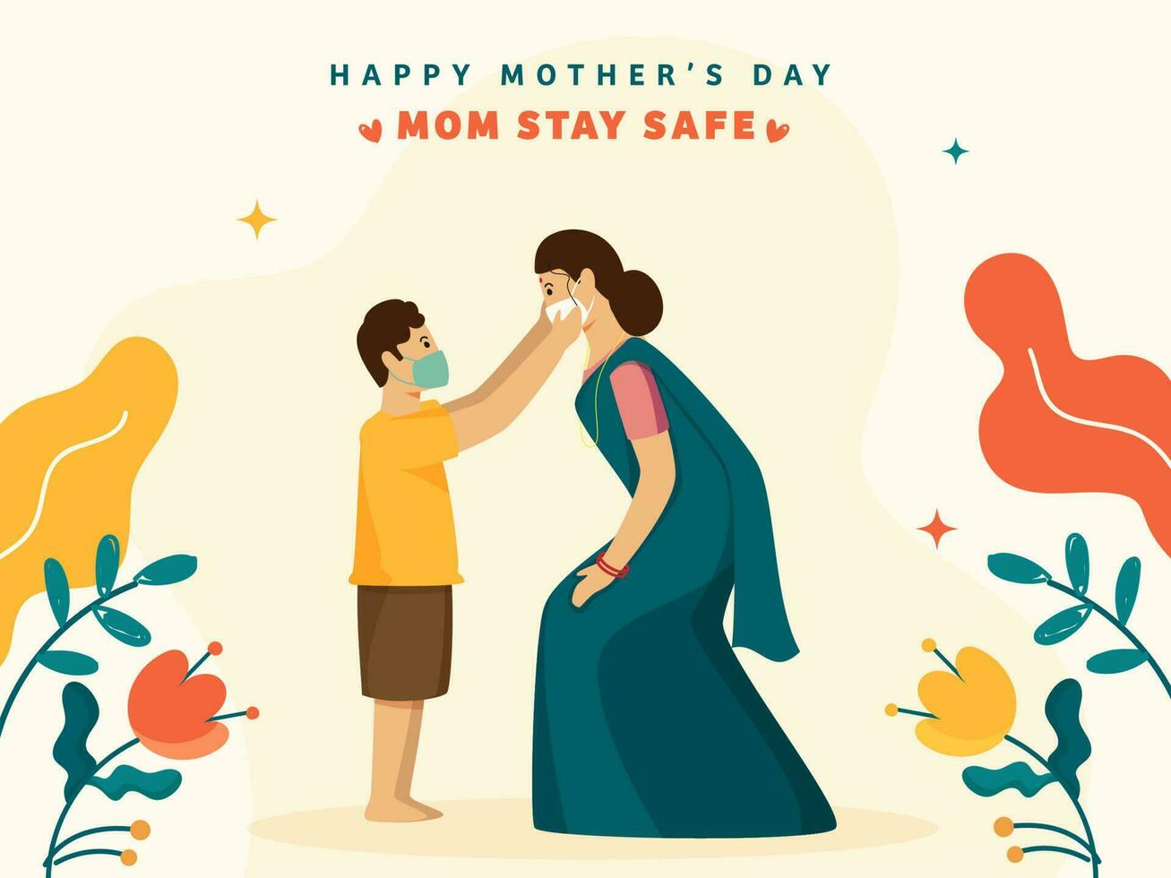 Cartoon Boy And His Mother Wearing Safety Mask To Protect From Coronavirus For Happy Mother's Day. vector