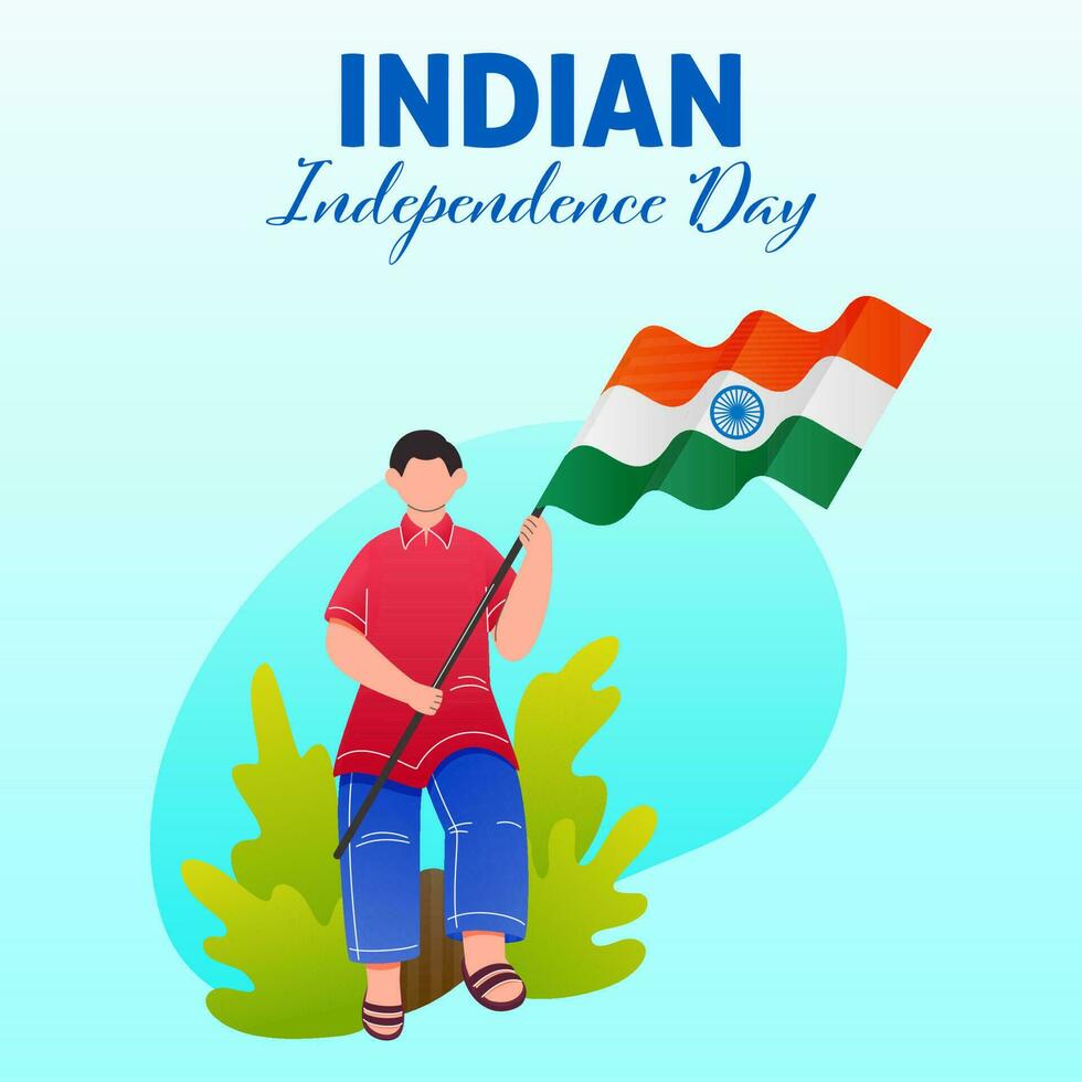 indio independencia día póster diseño con sin rostro joven chico participación India bandera en cian antecedentes. vector