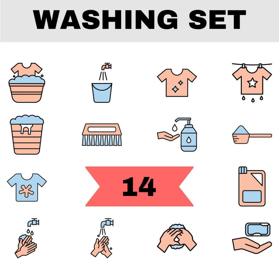 Flat Style Washing Icon Set In Blue And Peach Color. vector