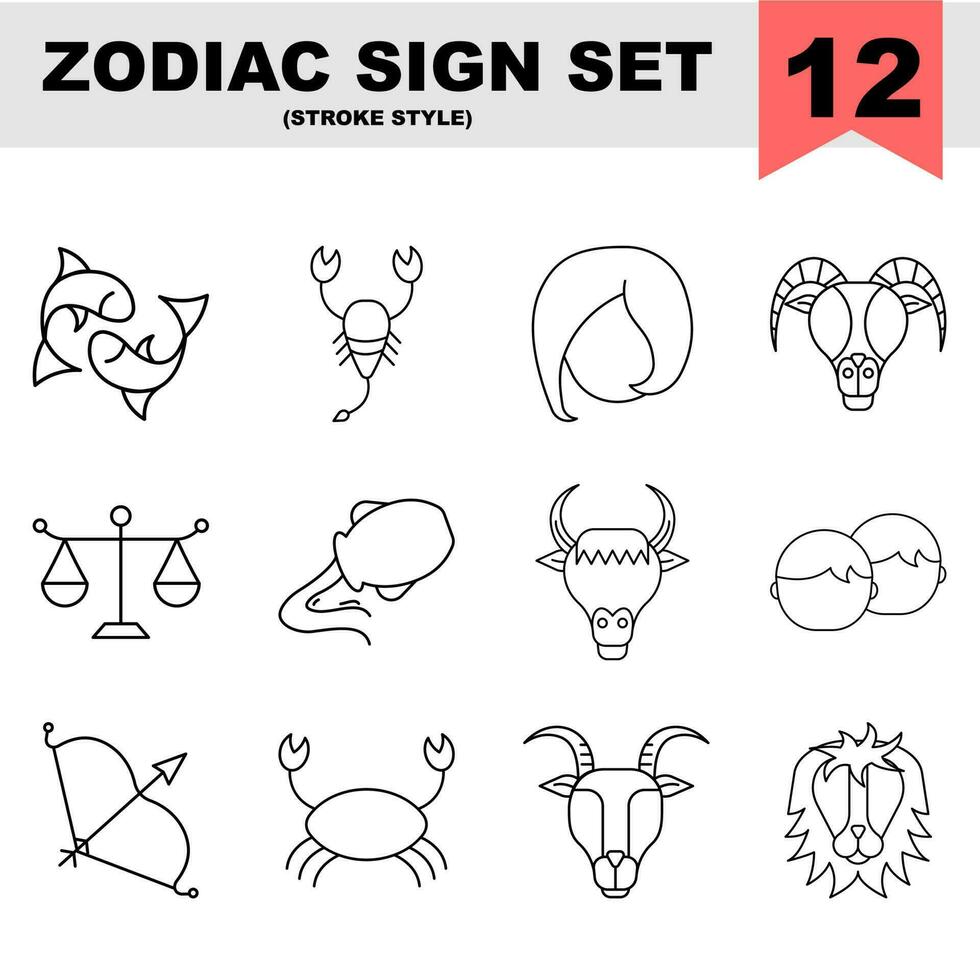 Set Of Zodiac Icons Or Symbol In Stroke Style. vector