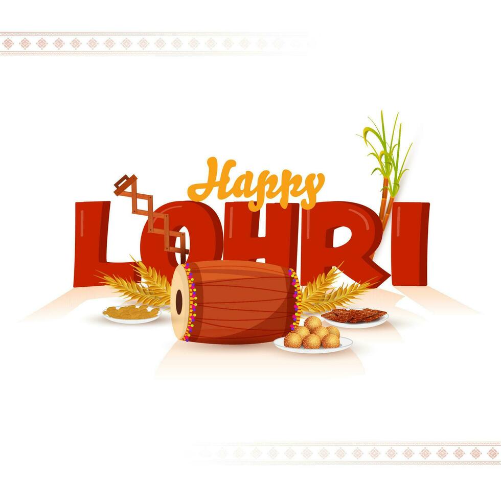 contento lohri fuente con música instrumento, trigo oreja, Caña de azúcar, dulce y maní plato en blanco antecedentes. vector