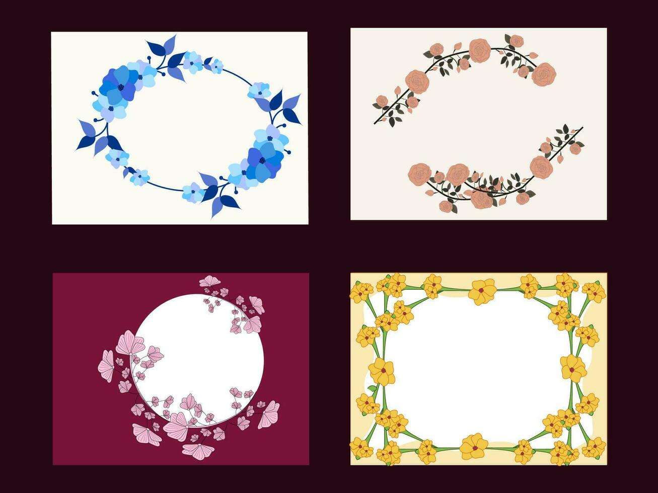 Floral Frame Background With Given Space For Text In Four Color Options. vector