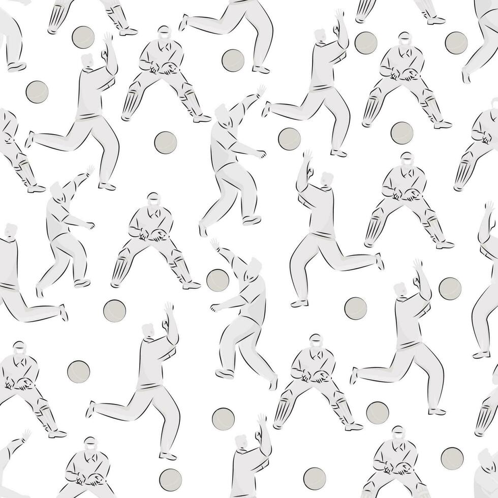 Doodle Style Cricket Players Pattern Background In Gray And White Color. vector