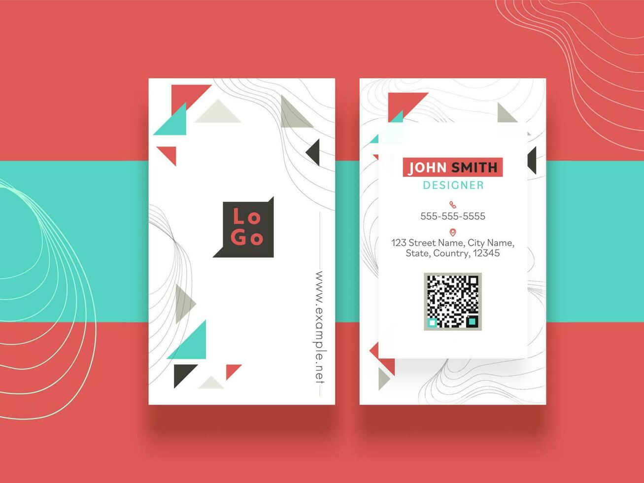 Double-Sides Vertical Visiting Card Design On Red And Turquoise Color. vector