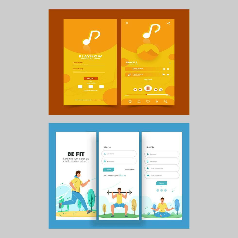 Musical And Fitness App UI Screens Or Template Layout As Sign In, Create Account And Sign Up. vector