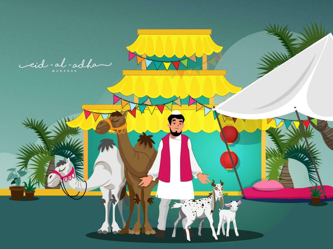 Illustration Of Muslim Man Standing With Animals, Palm Trees And Forbidden City On Teal Background For Eid-Al-Adha Mubarak. vector