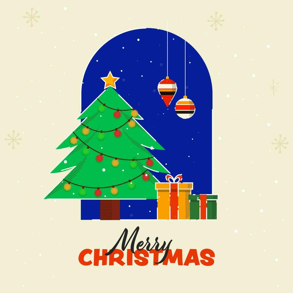 Merry Christmas Concept With Decorative Xmas Tree, Baubles Hang, Gift Boxes On Blue And Beige Snowfall Background. vector