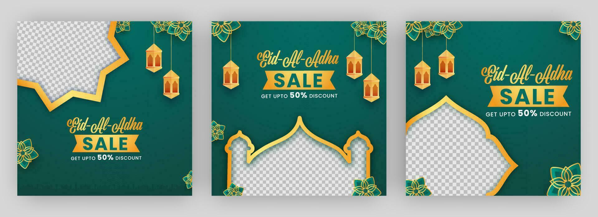 Eid-Al-Adha Sale Poster Design With Discount Offer And Copy Space On Green Background In Four Options. vector