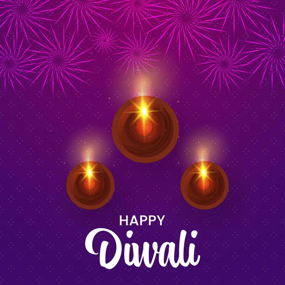 Happy Diwali Celebration Concept With Top View Lit Oil Lamps On Purple Fireworks Background. vector