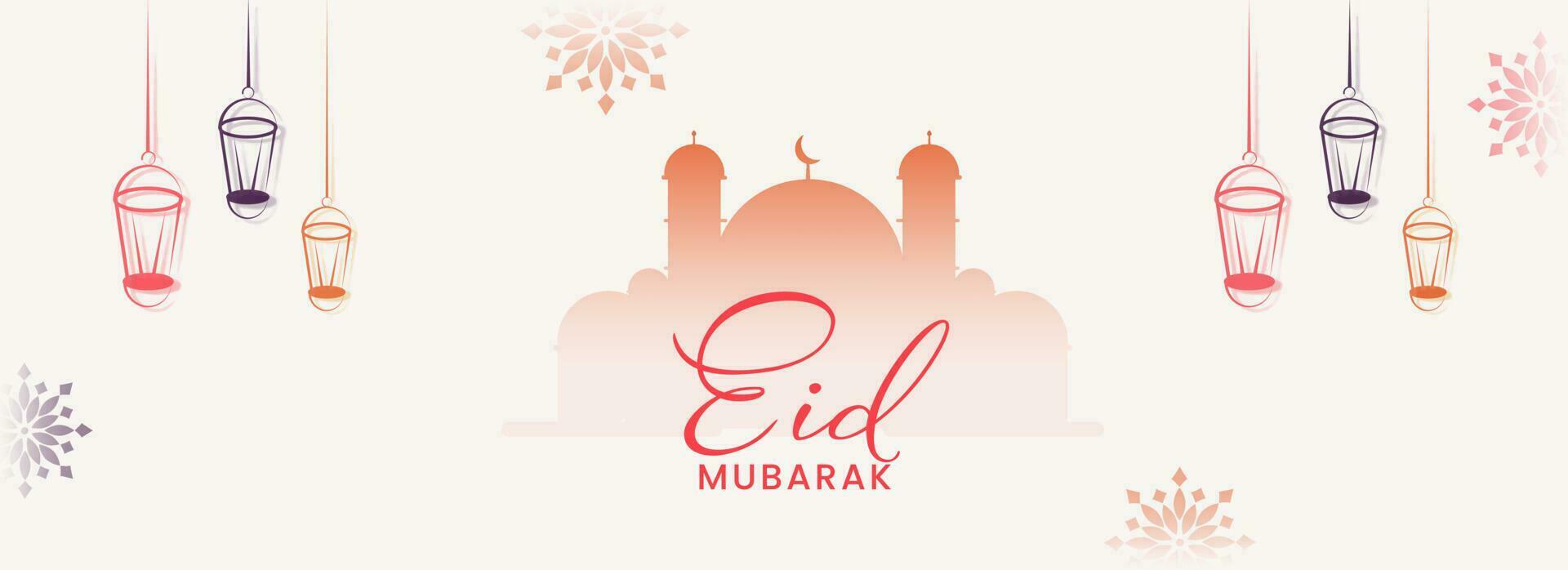 eid Mubarak bandera o encabezamiento diseño con silueta mezquita, linternas colgar en blanco antecedentes. vector