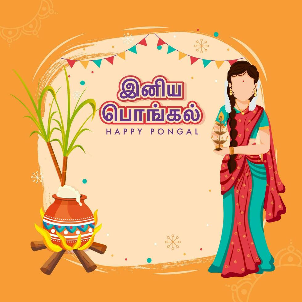 Sticker Style Happy Pongal Font In Tamil Language With Faceless South Indian Woman Holding Lit Oil Lamp Stand, Traditional Dish Making In Mud Pot At Bonfire On Orange Background. vector