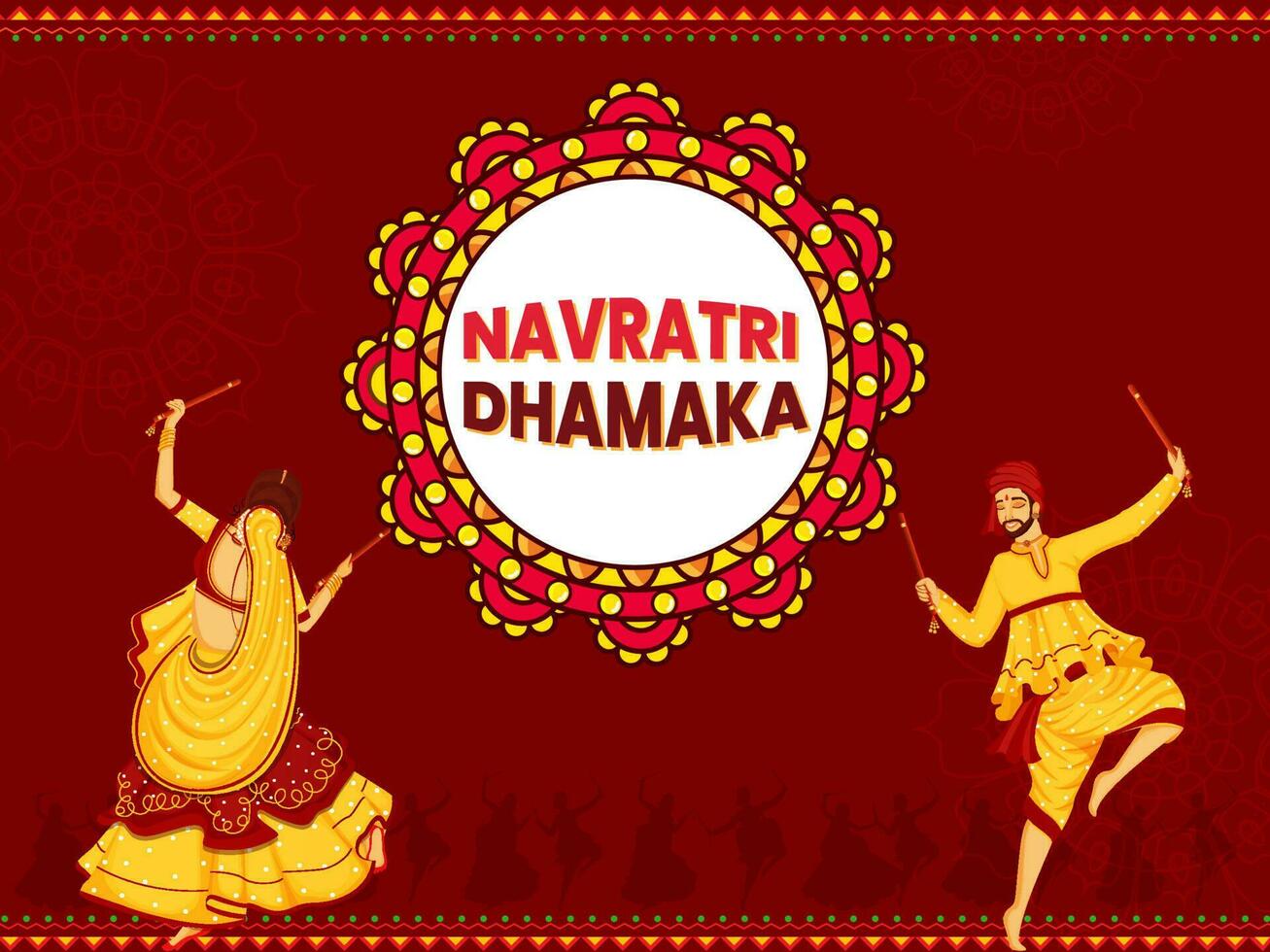 Navratri Dhamaka Poster Design With Indian Couple Doing Garba Dance On Brown Background. vector