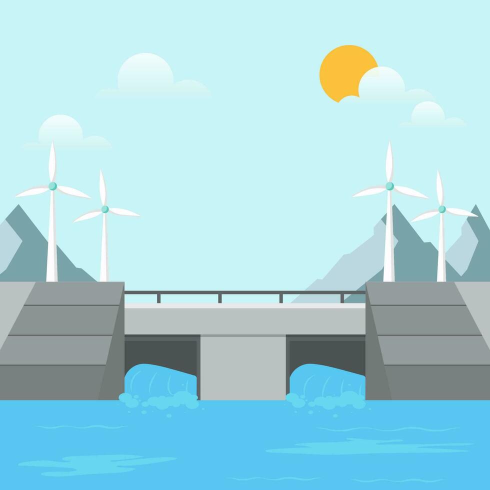 Water Rushing Through Gates At Dam With Windmill, Mountain And Sun On Blue Background For Hydroelectric Power Station. vector