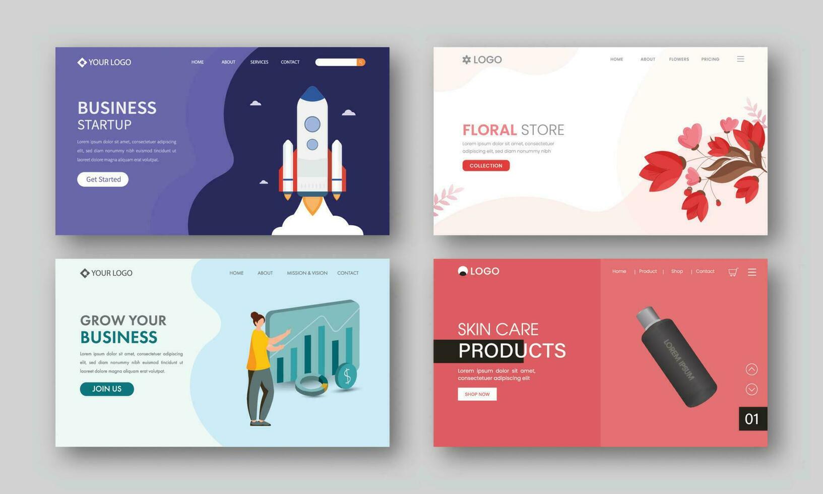 Various Types Of Responsive Web Banner Or Landing Page For Business. vector