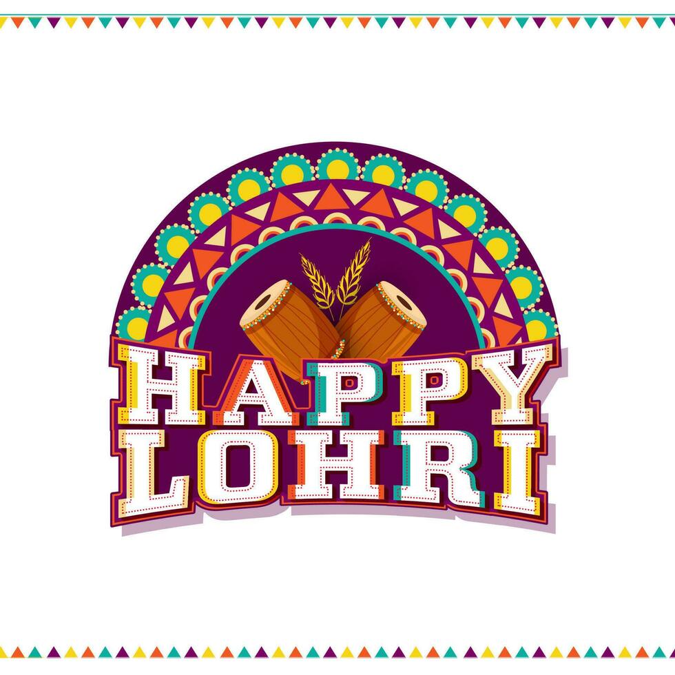 Sticker Style Happy Lohri Font With Drum Instrument, Wheat Ear On Half Circle Floral And White Background. vector