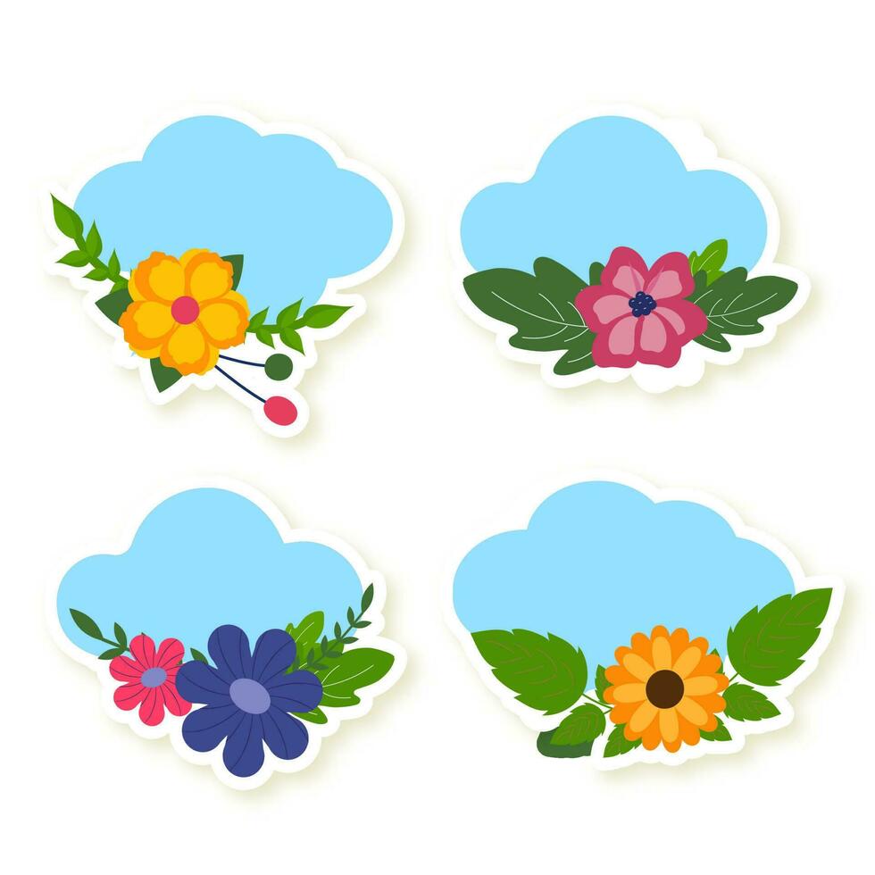 Sticker Style Cloud With Floral Collection On White Background. vector