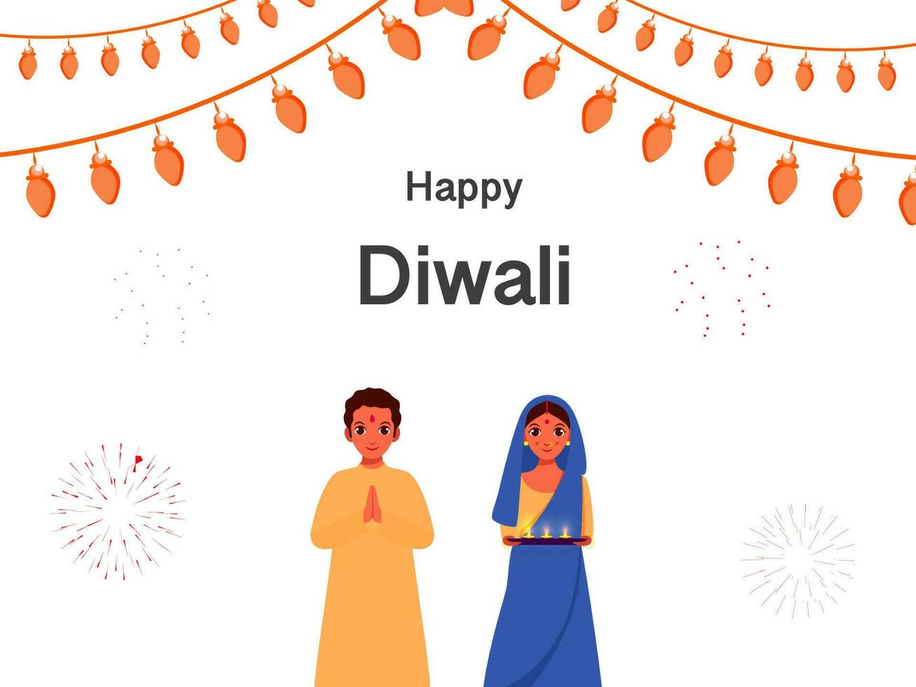 Indian Man Doing Namaste With Woman Holding Plate Of Lit Oil Lamps And Lighting Garland On White Fireworks Background For Diwali Celebration. vector