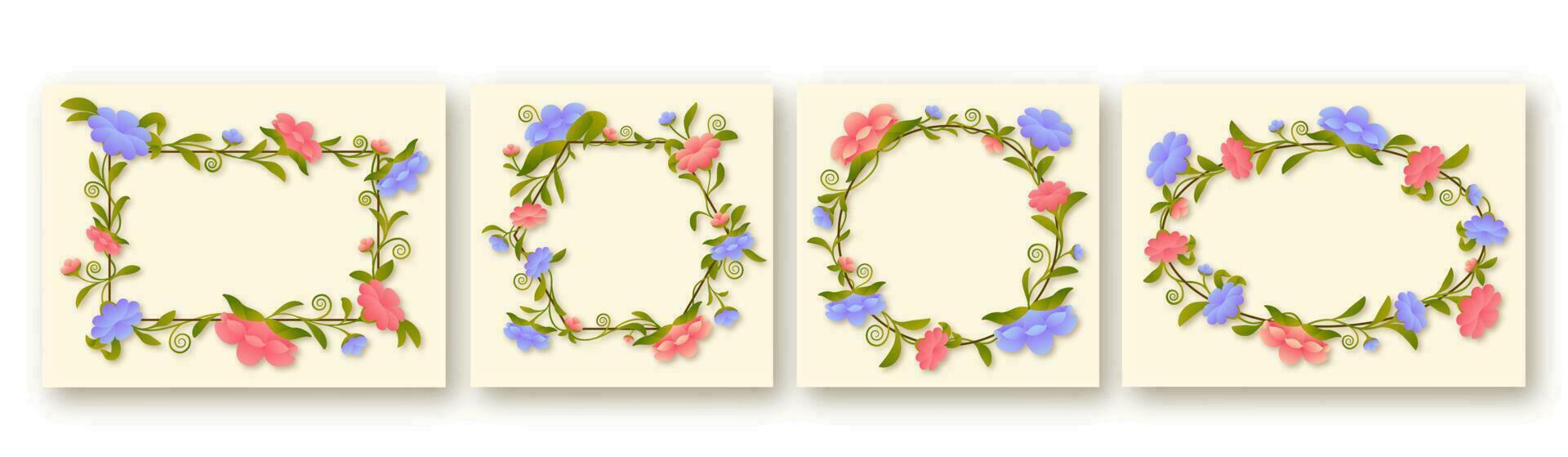 varios tipos de hermosa floral marco con Copiar espacio en beige antecedentes. vector