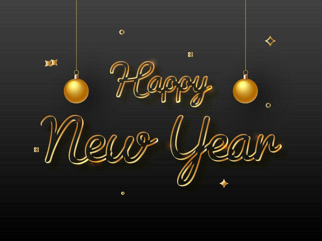 Golden Happy New Year Font With 3D Baubles Hang On Black Background. vector