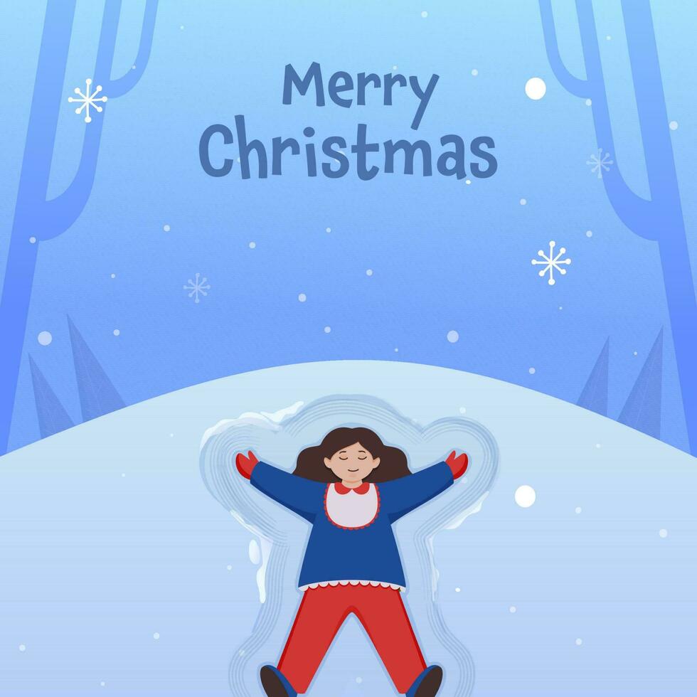 alegre Navidad póster diseño con dibujos animados niña acostado abajo en azul Nevado antecedentes. vector