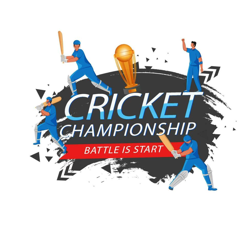 Cricket Championship Concept With Cartoon Batsman, Bowler In Playing Pose, 3D Golden Trophy Cup On White And Black Brush Stroke Background. vector